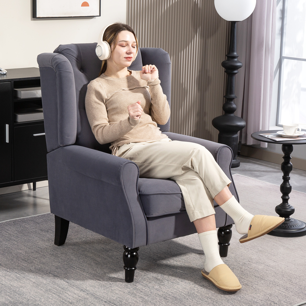 Retro Tufted Velvet-Feel Armchair, Charcoal Grey