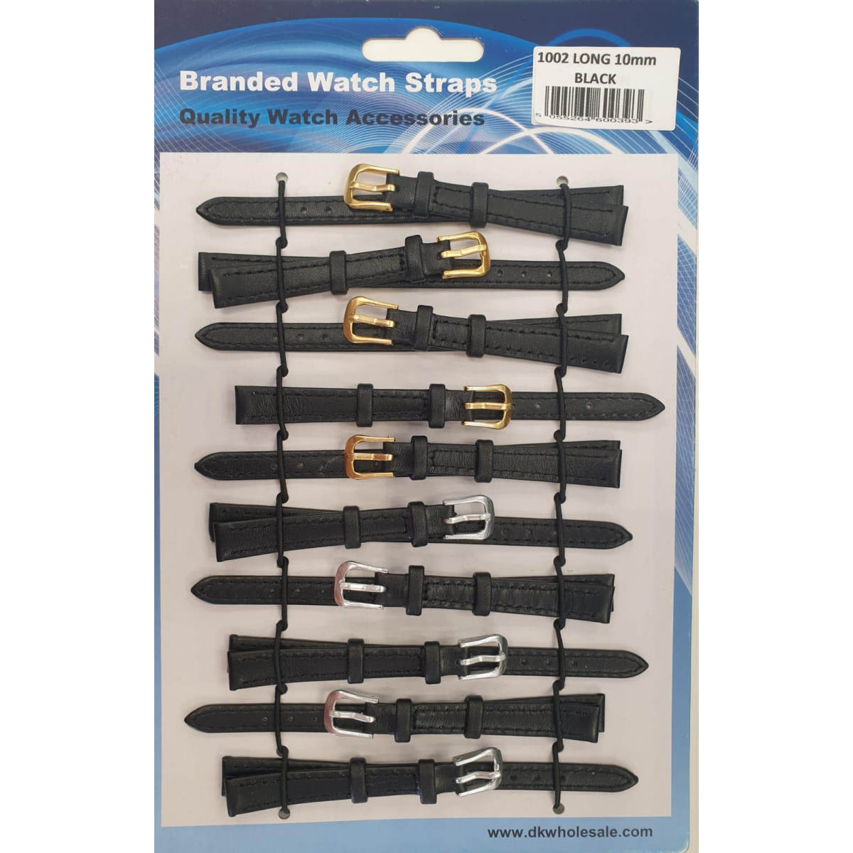 Black Leather Extra Long Watch Straps, Pack of 10, Size 6, 1002BK