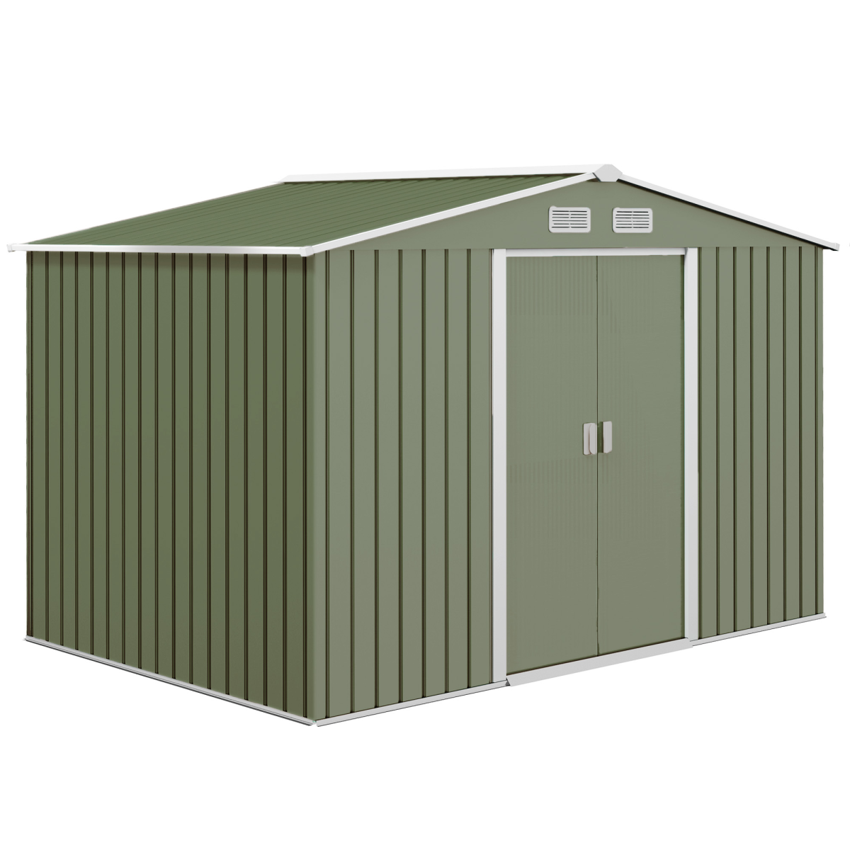 9 x 6FT Green Metal Garden Storage Shed with Sliding Double Doors, Ventilation, Sloping Roof and Floor Foundation