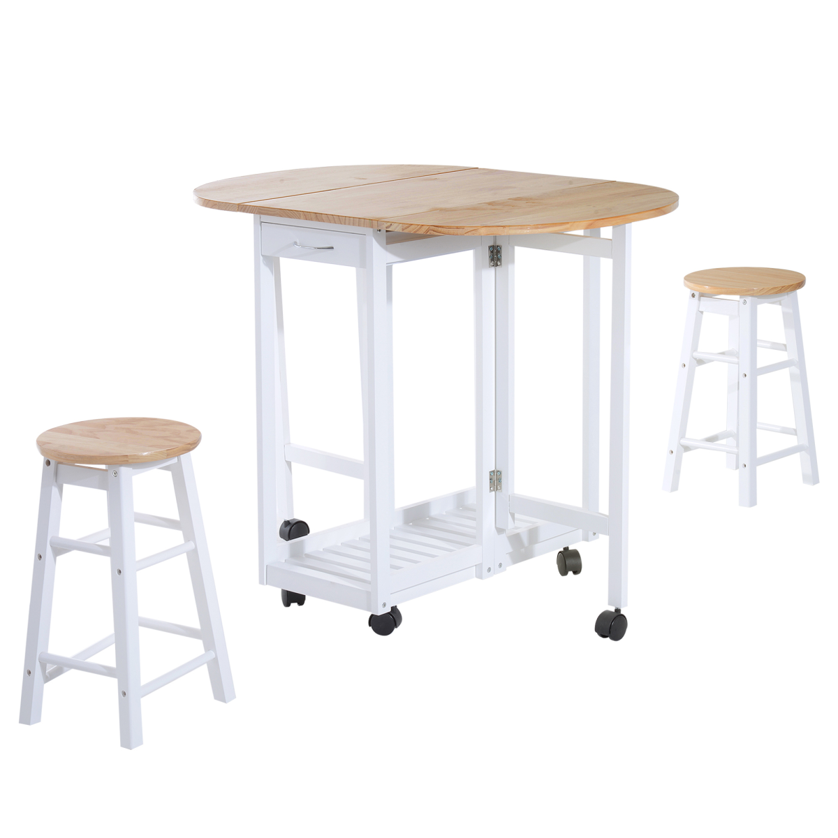 3-Piece Folding Dining Set with Rolling Cart and Stools