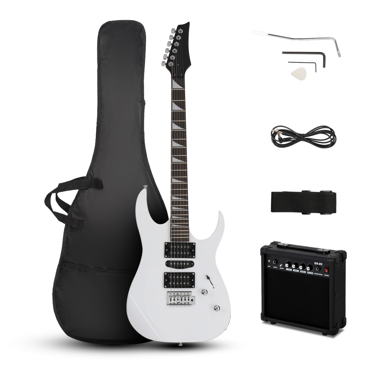170 Model White Right-Handed Electric Guitar Kit with 20W Amp, HSH Pickups, Tremolo Bridge, Bag, Strap, Cable, Wrench and Pick