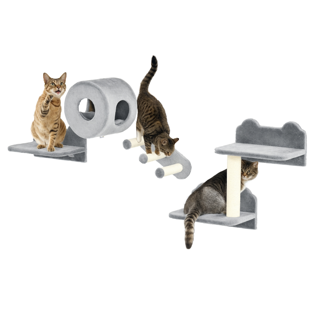 PawHut Wall-Mounted Cat Furniture with Platforms, Steps & House - Grey