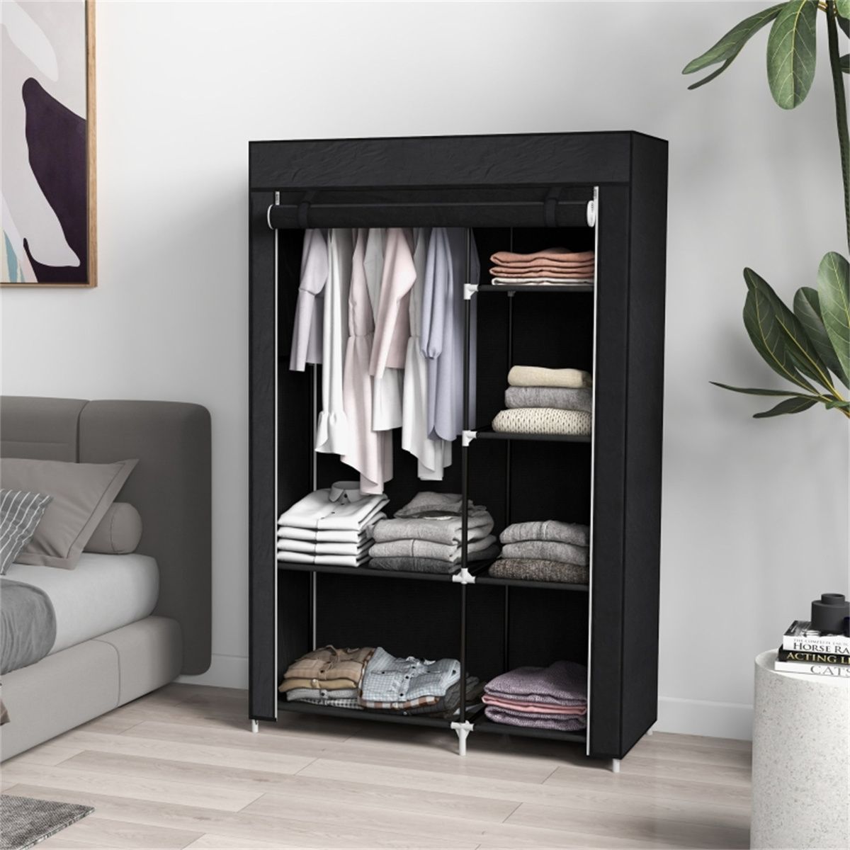 Fabric Wardrobe with Hanging Rail and 6 Shelves