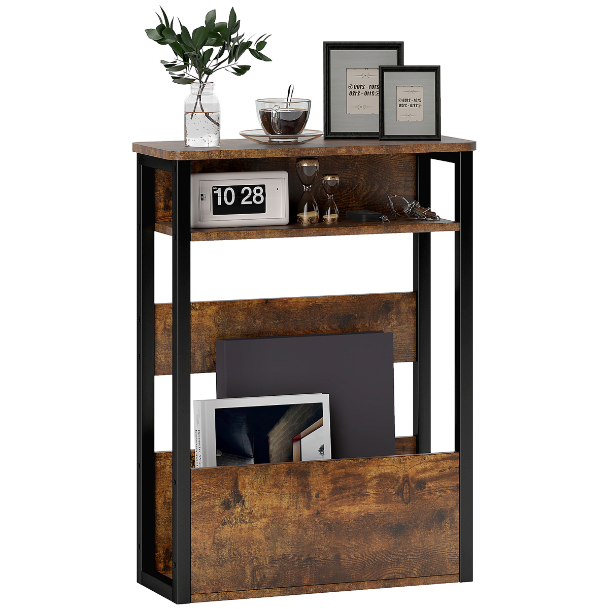 HOMCOM Narrow Industrial Side Table with Storage, Rustic Brown