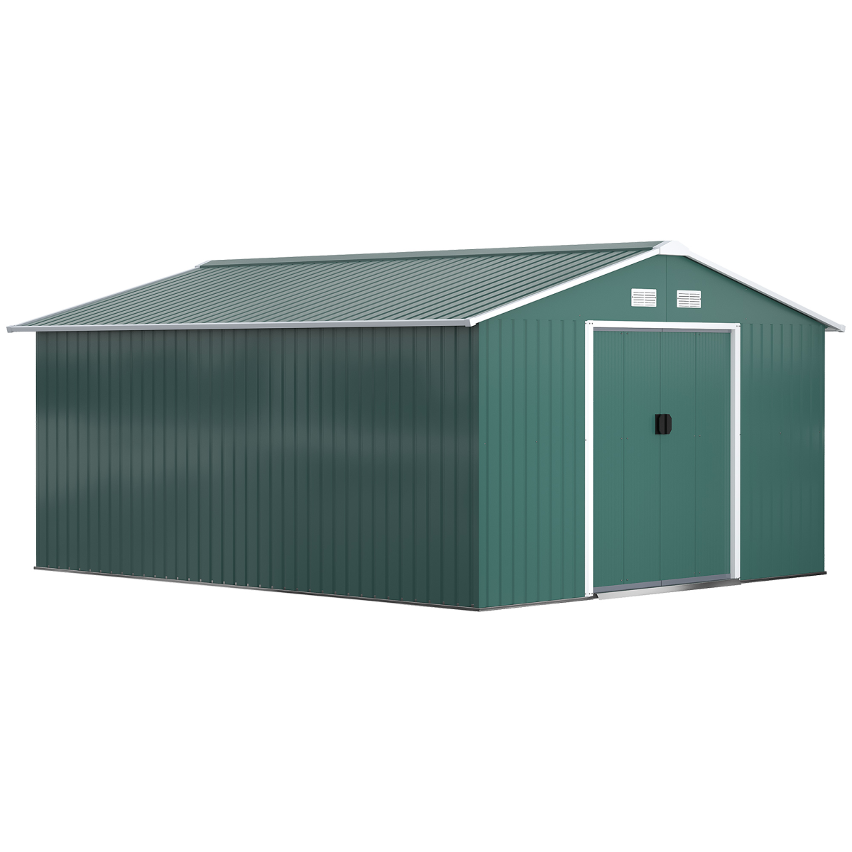 Outsunny 13ft x 11ft Green Metal Storage Shed with Sliding Double Doors, Sloping Roof, Ventilation and Floor Foundation