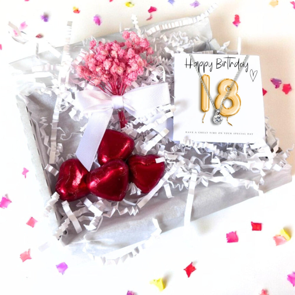 18th Birthday Cubic Zirconia Silver Necklace Gift Hamper with Chocolate Hearts, Mini Bouquet & Gold Balloons Card