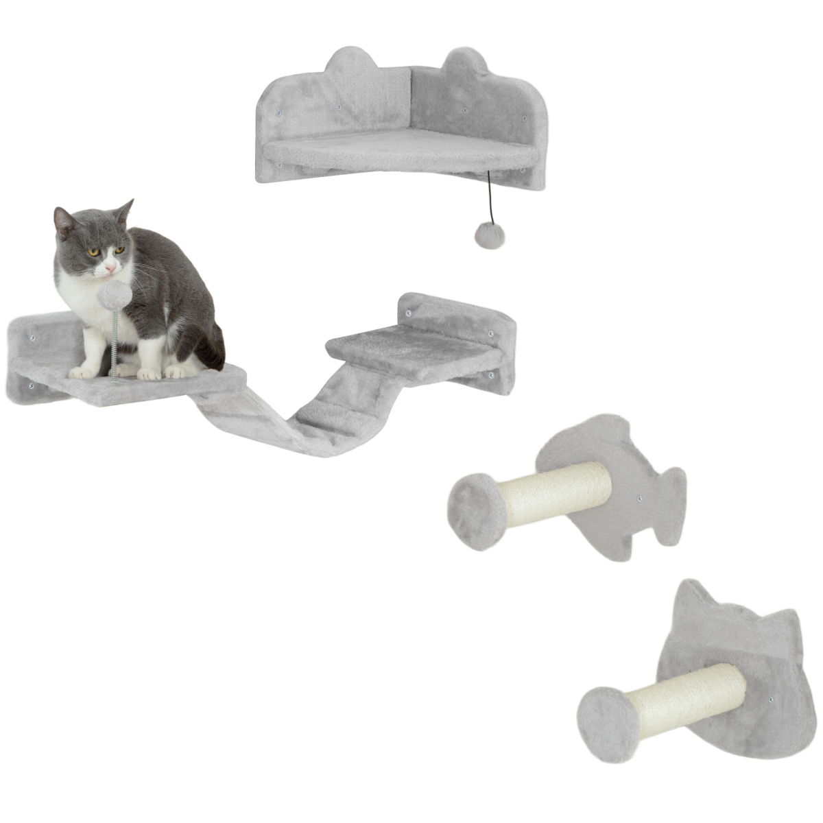 PawHut 4-Piece Wall-Mounted Cat Shelves with Steps, Ladder & Platforms