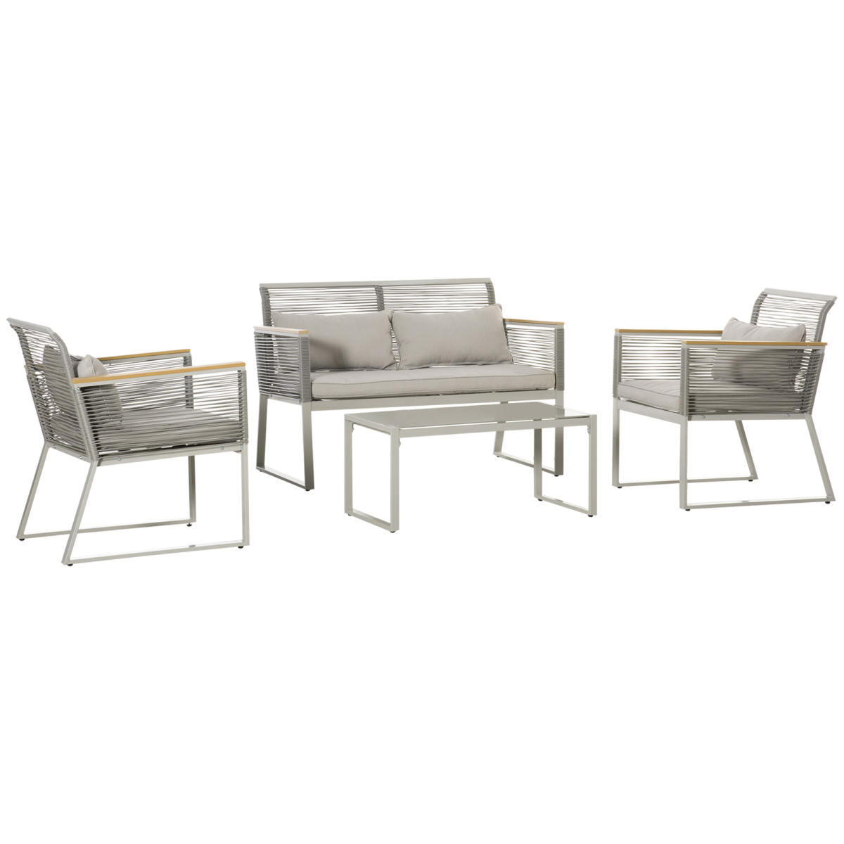 Outsunny 4-Piece Patio Rattan Sofa Set with 2 Chairs, Loveseat and Coffee Table, Steel Frame, PE Rattan, Tempered Glass, Grey