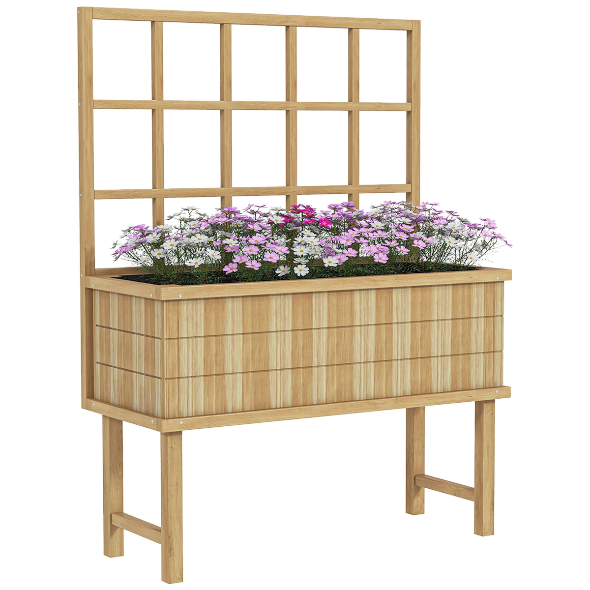 Outsunny Natural Wood Raised Planter Box with Trellis, Drain Holes, Elevated Garden Bed