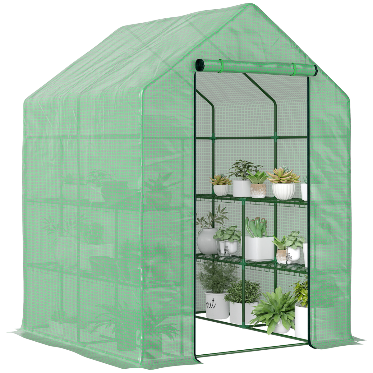 Walk-In Garden Greenhouse with Shelves, Roll-Up Door, 143x138x190cm