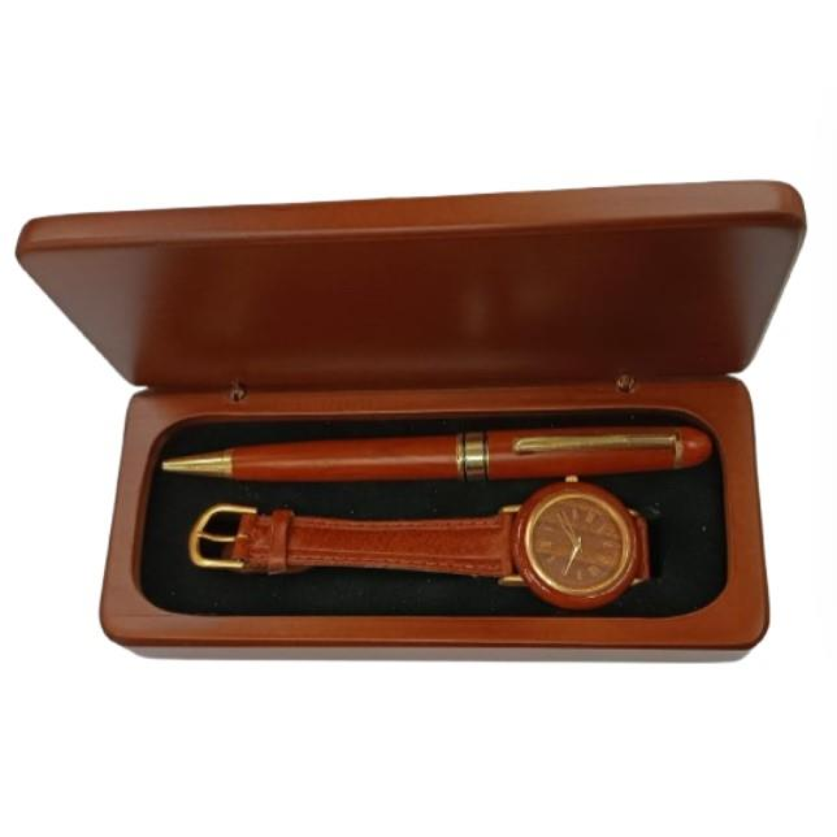 Imperial Ladies Leather Strap Watch with Wood Matt Brown Gold Trim Ball Pen Gift Set