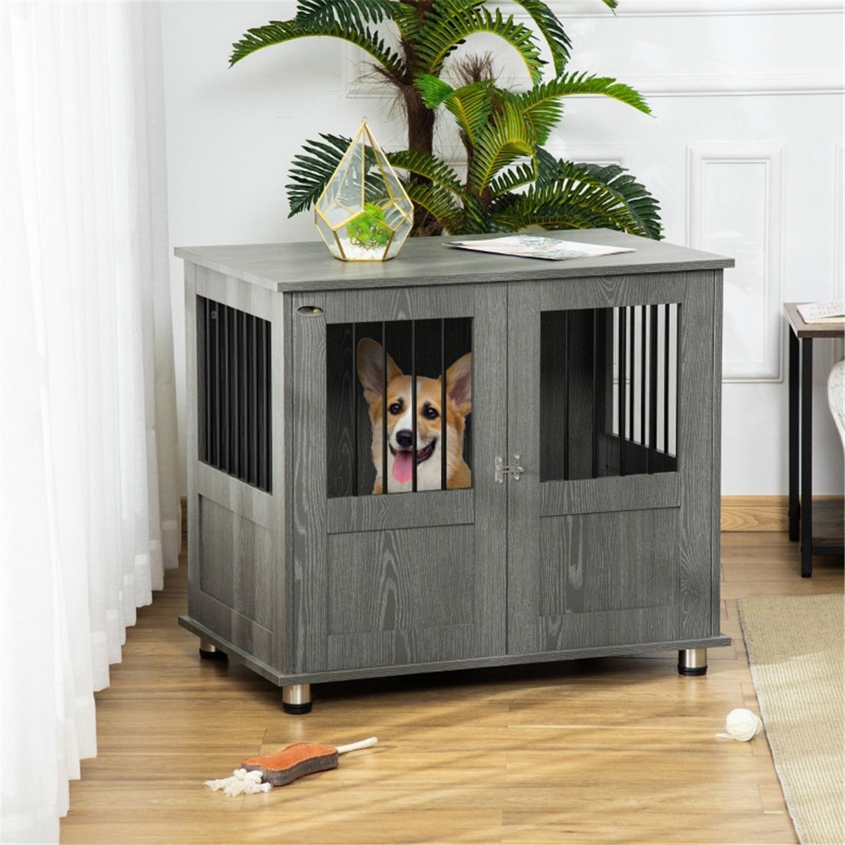 Grey Dog Crate with Storage Top, Magnetic Door & Elevated Base for Small to Medium Dogs