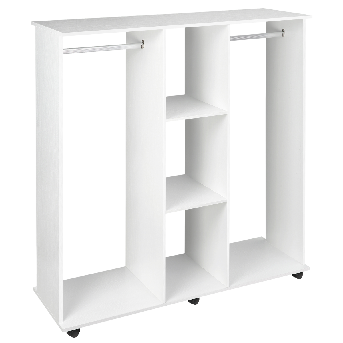 Mobile Double Open Wardrobe with 2 Hanging Rails and 3-Tier Cube Storage, White