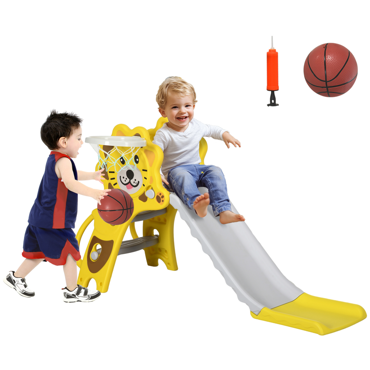 AIYAPLAY 2-in-1 Kids Slide with Basketball Hoop, 18-36 Months