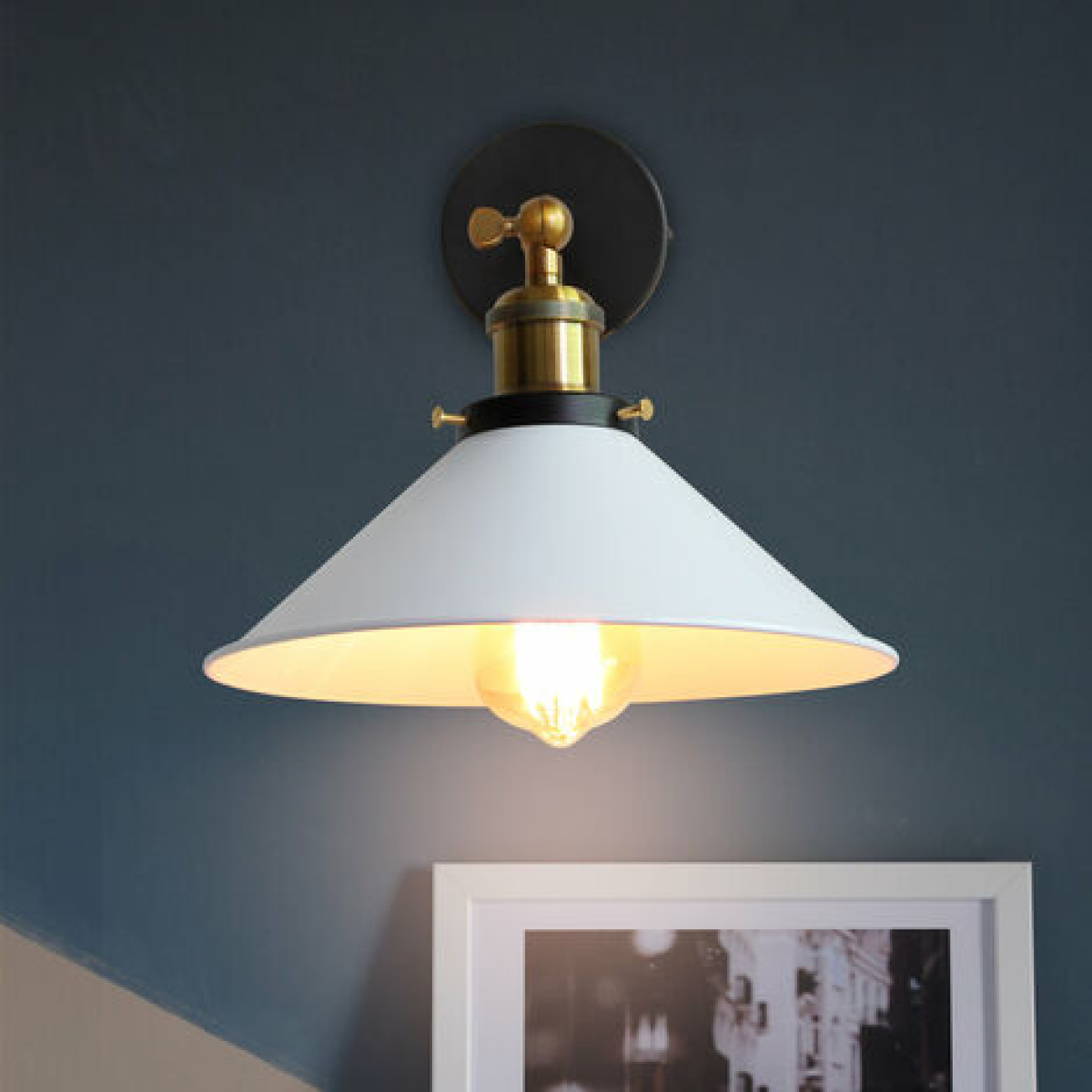 Vintage/Retro E27 Metal Wall Lamp, Yellow Brass with White