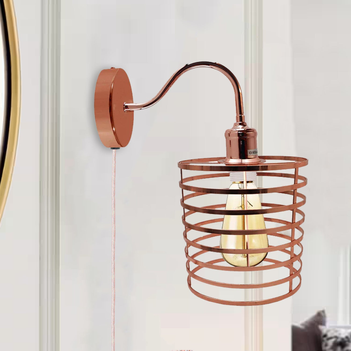 Retro Industrial Rose Gold Plug-In Wall Sconce Light