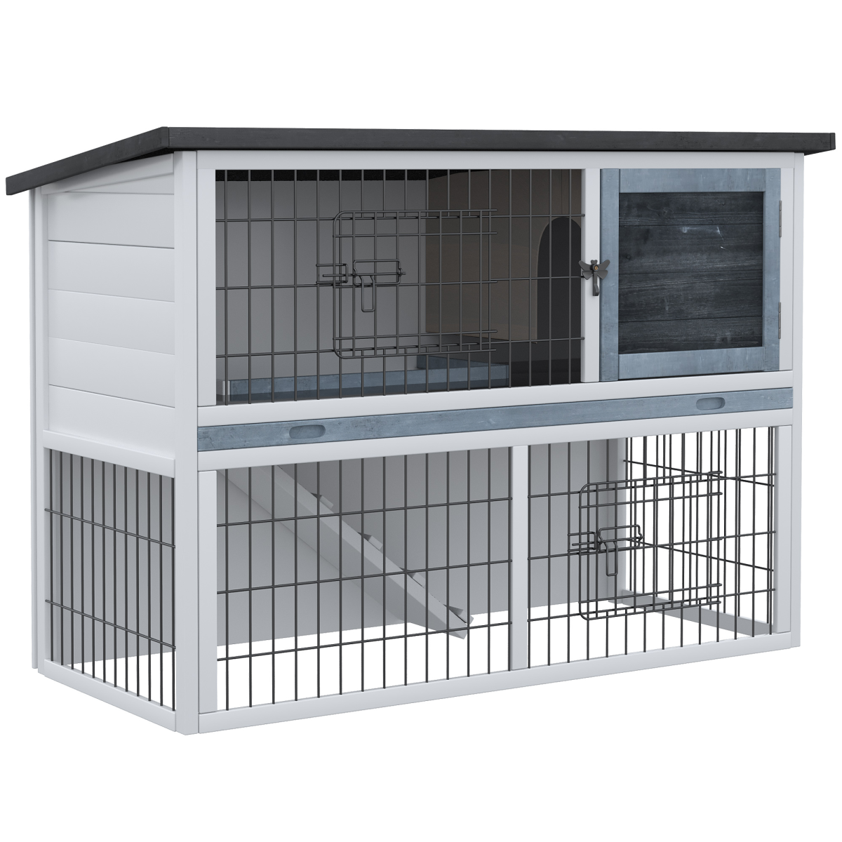 Pawhut Rabbit Hutch and Run with Removable Tray, Openable Roof, Ramp and Lockable Doors for Rabbits, Guinea Pigs and Small Animals