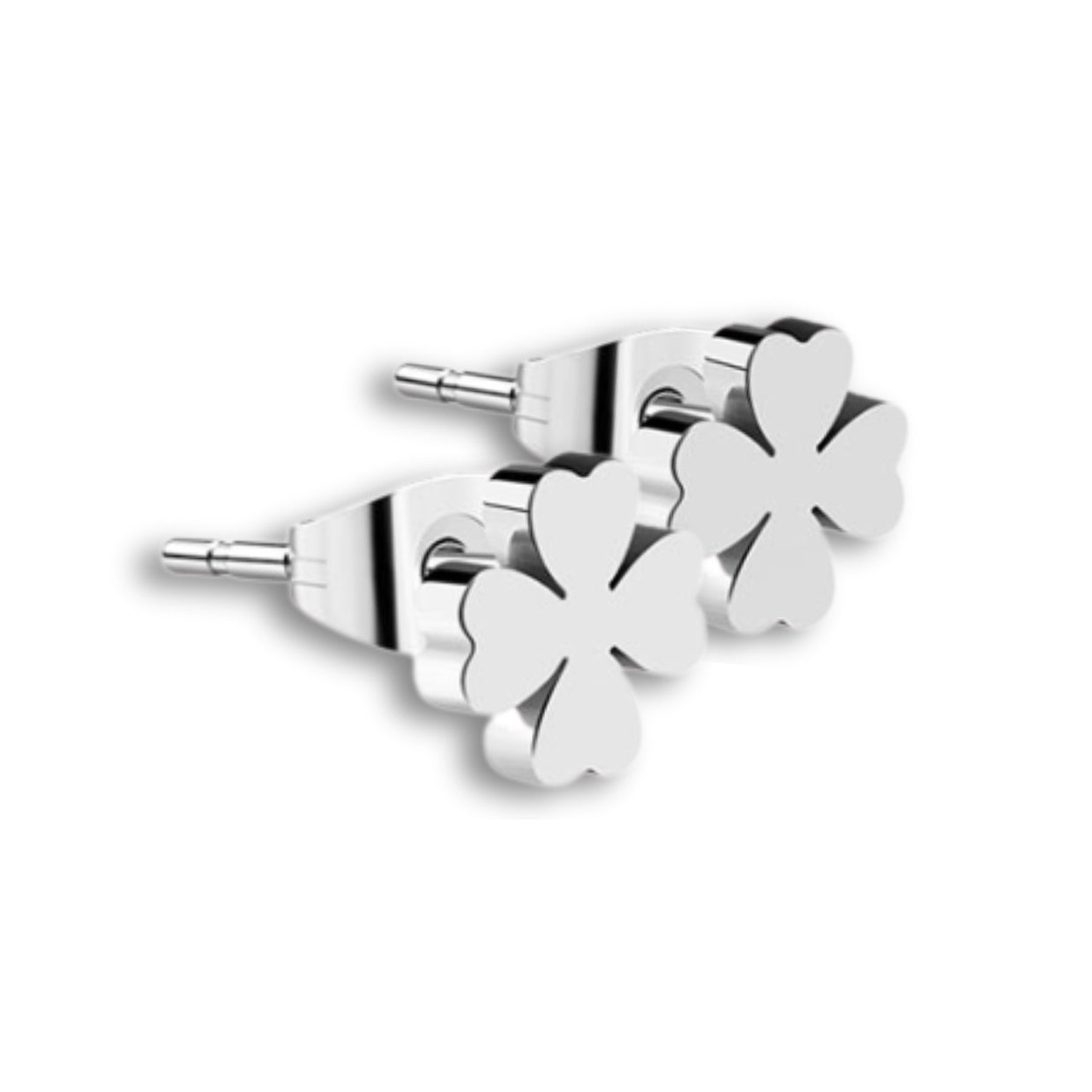 Four Leaf Clover Silver Stainless Steel Stud Earrings