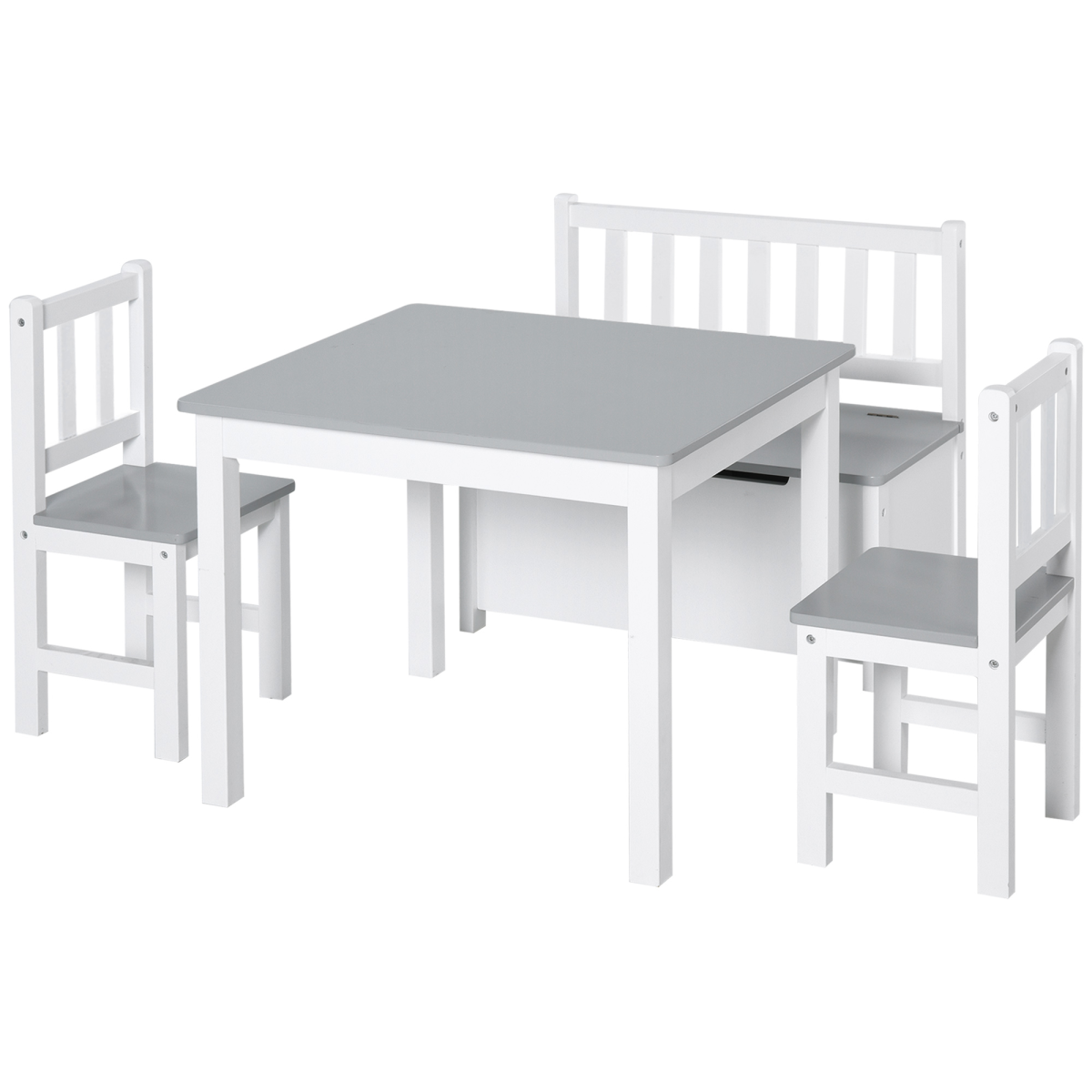 4-Piece Kids Wood Table and Chair Set with Storage Bench, 2 High Back Chairs, Ages 3+, HOMCOM