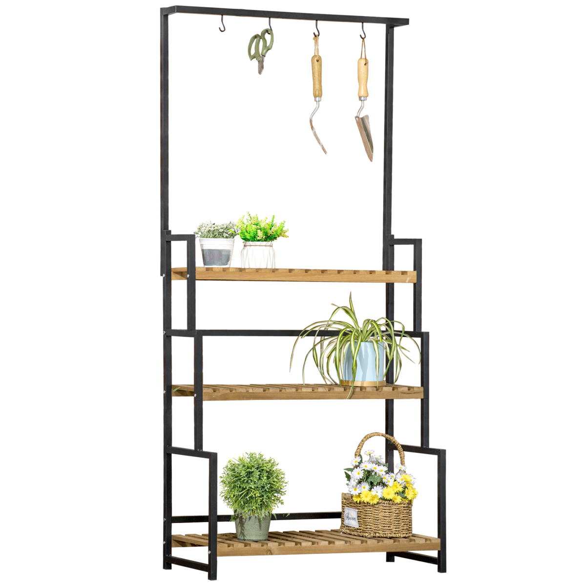 3-Tier Plant Stand Rack with Hanging Hooks for Indoor and Outdoor Use
