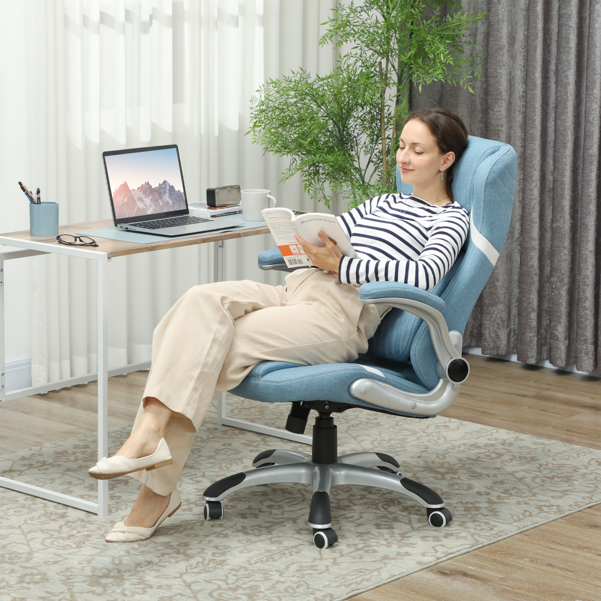 Blue High Back Office Chair with Adjustable Height, Flip-Up Armrests, Lumbar Support and 5 Wheels