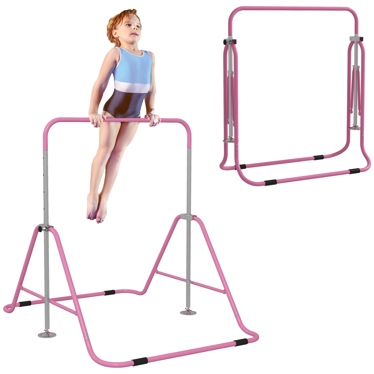 HOMCOM Kids Gymnastic Bar, Adjustable & Foldable Training Bar, Pink