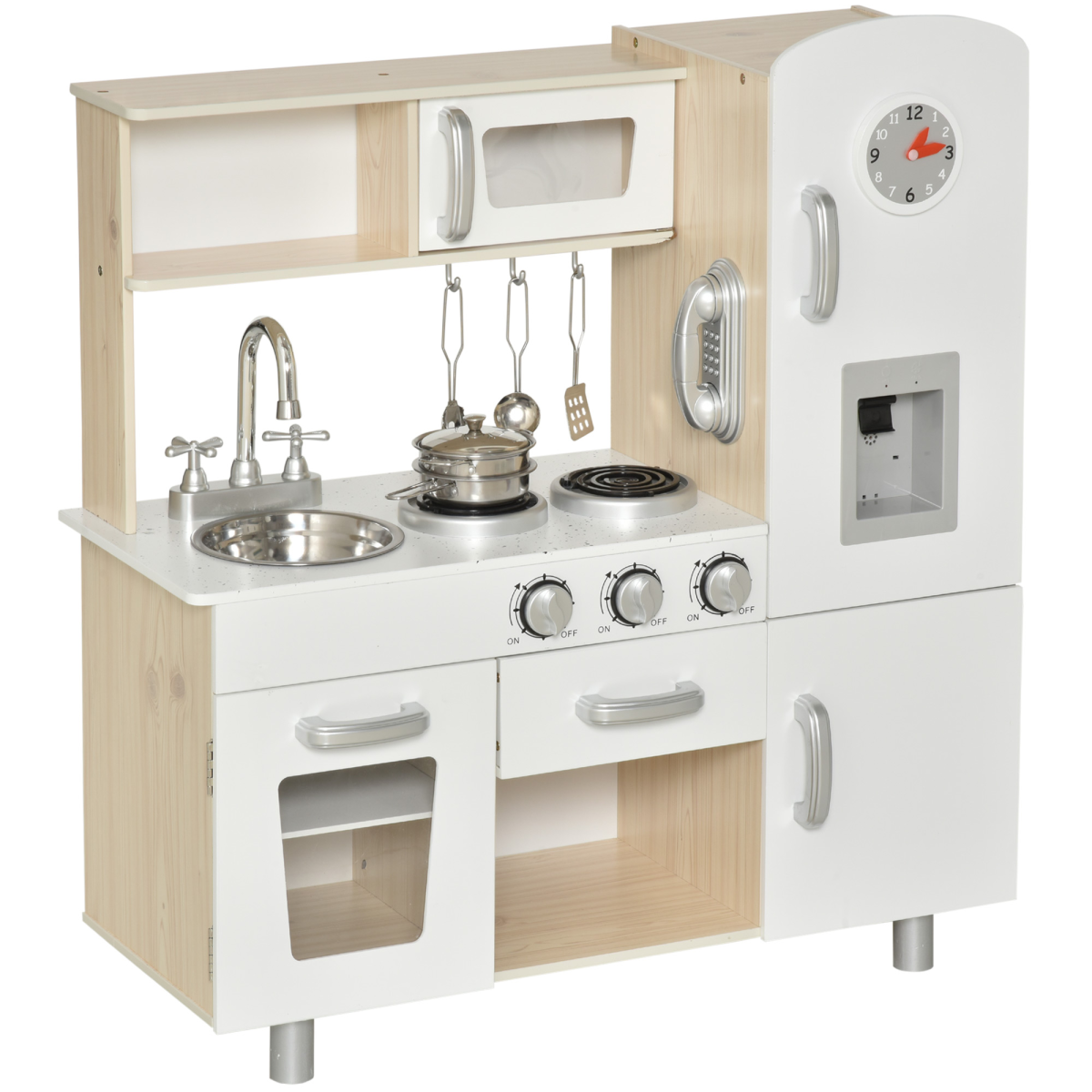 HOMCOM White Kids Kitchen Playset with Accessories, Pretend Cooking Set, Sink, Induction Cooker, Telephone and Water Dispenser