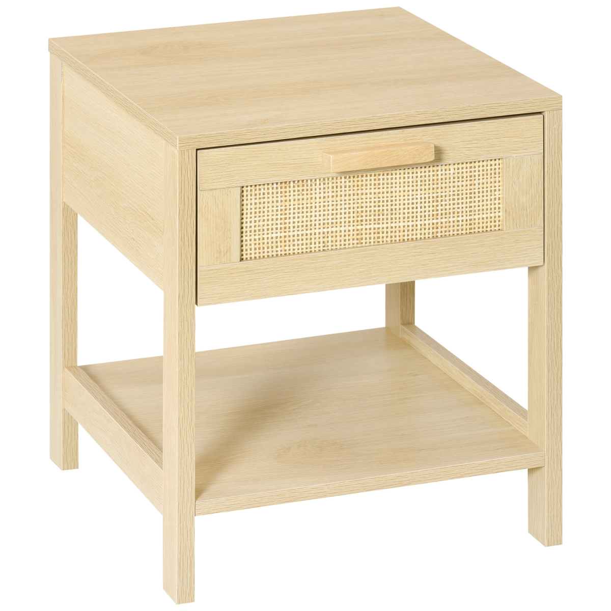 Rattan Nightstand with Drawer & Shelf, Wood-Effect Bedside Table