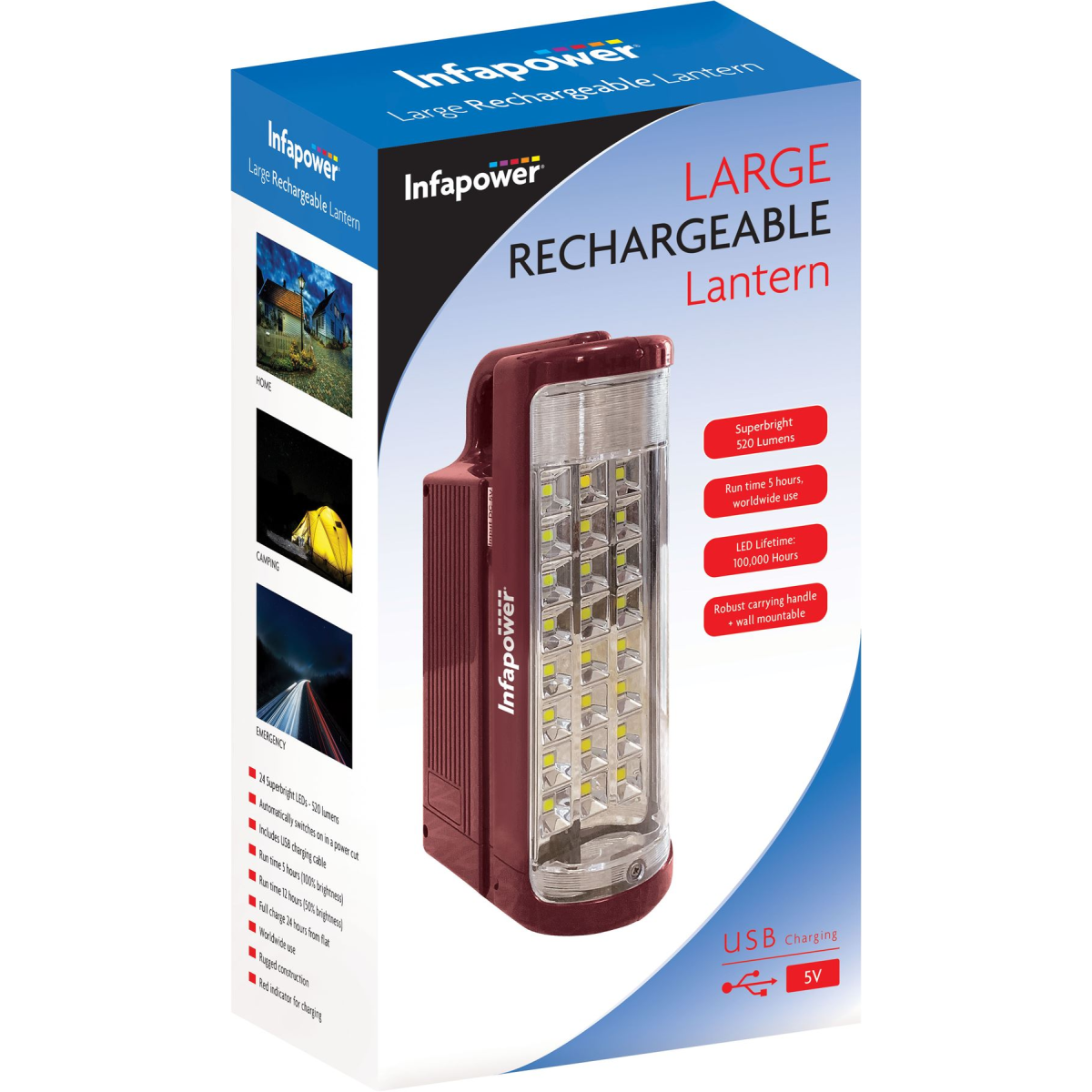 Infapower Compact Rechargeable Lantern Torch 24 Superbright LEDs 520 Lumens