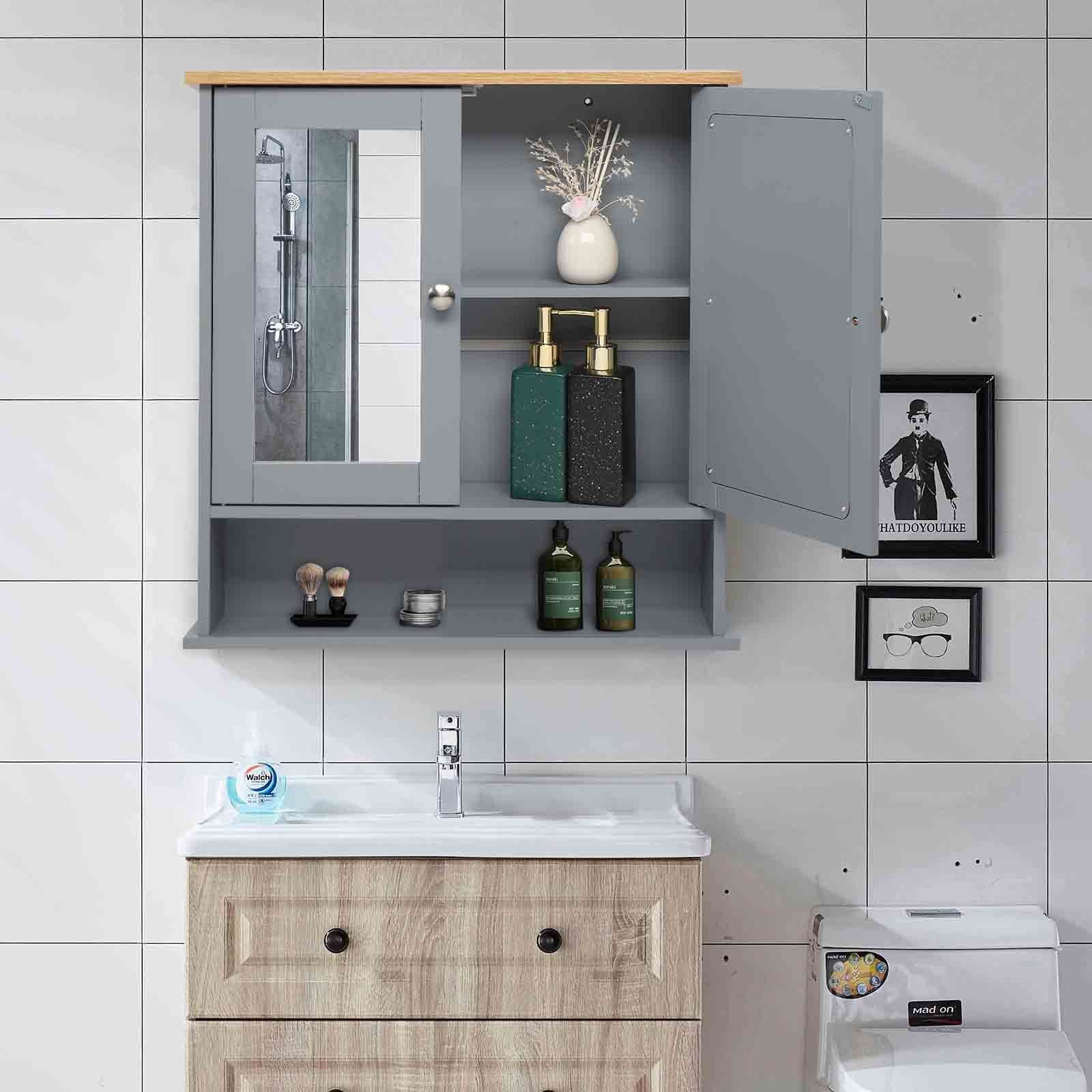 Gray MDF Bathroom Wall Cabinet with Mirror Doors and Storage