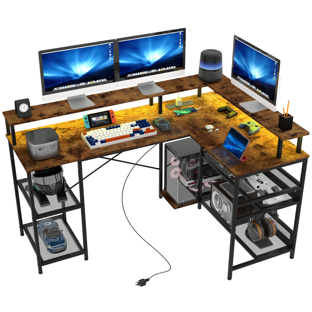 HOMCOM L-Shaped Gaming Desk with LED Lights & Power Outlets
