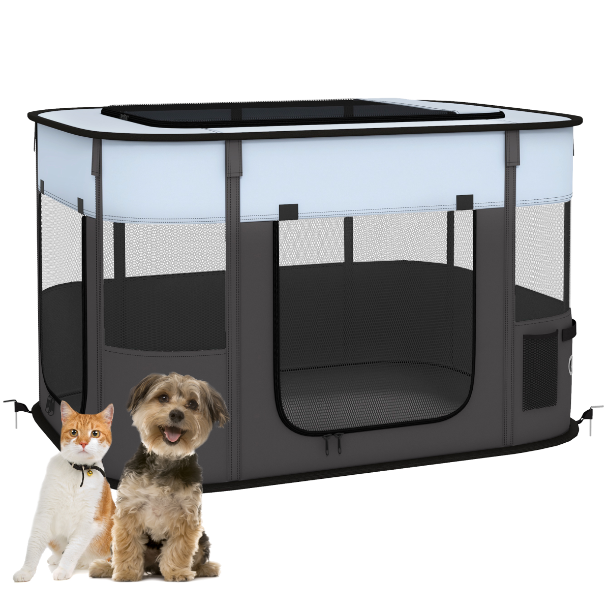 PawHut Foldable Portable Pet Pen with Mesh Windows, Grey