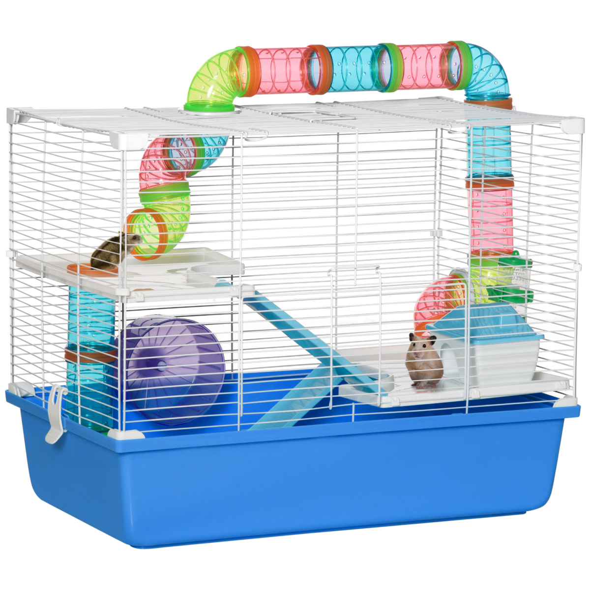 PawHut Hamster Cage with Tubes, Exercise Wheel, Water Bottle, Food Dish, Detachable Base