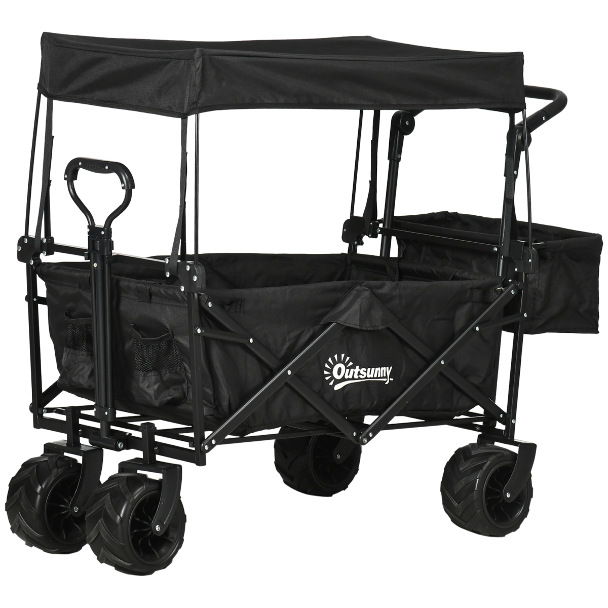 Outsunny Folding Trolley Cart Wagon with Canopy, 4 Wheels, Black