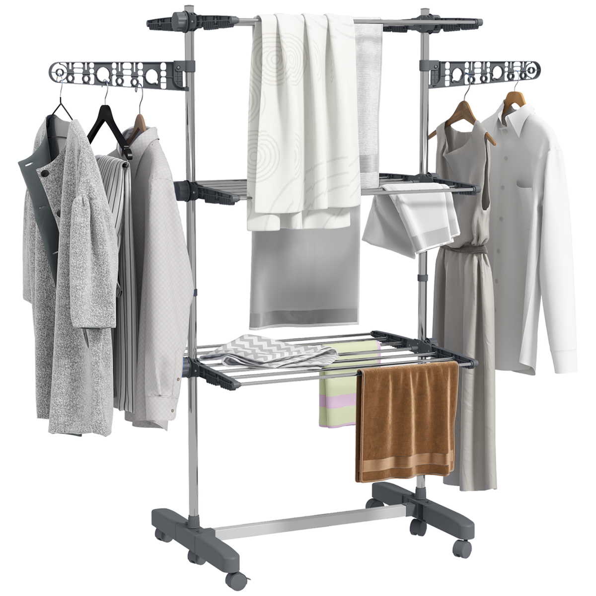 HOMCOM 3-Tier Folding Clothes Airer, Stainless Steel, Grey
