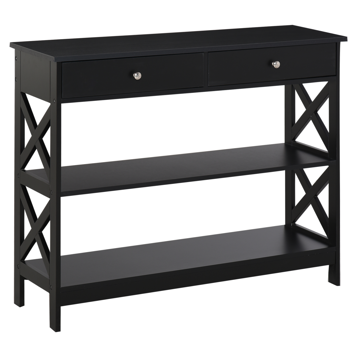 Black Console Table with 2 Drawers and Shelves, Flat Top