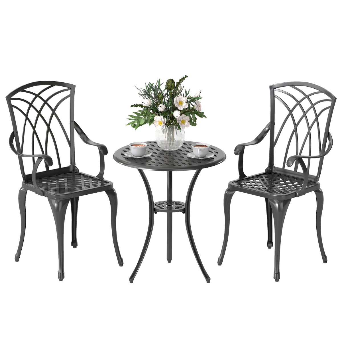 Outsunny Weather-Resistant Cast Aluminium 2-Seater Outdoor Garden Table and 2 Chairs Set with Umbrella Hole
