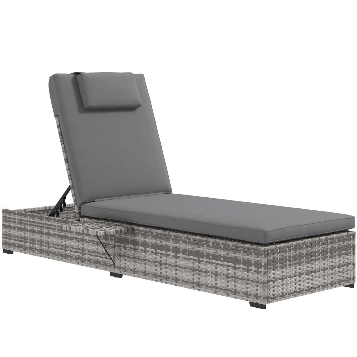Outsunny Grey Rattan Lounger with Cushion, 5-Level Reclining Sun Lounger
