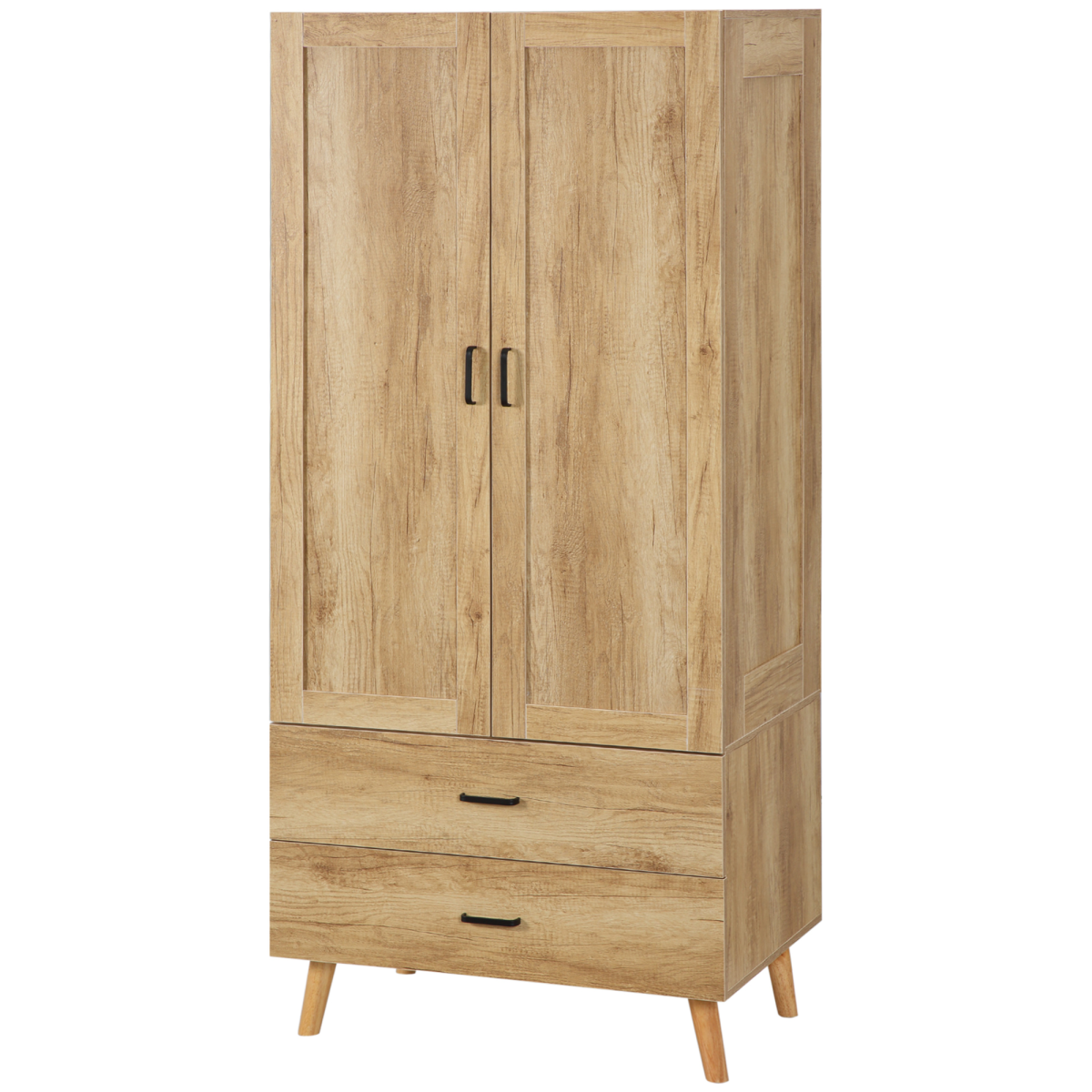 2-Door Wardrobe with 2 Drawers and Hanging Rail, Natural