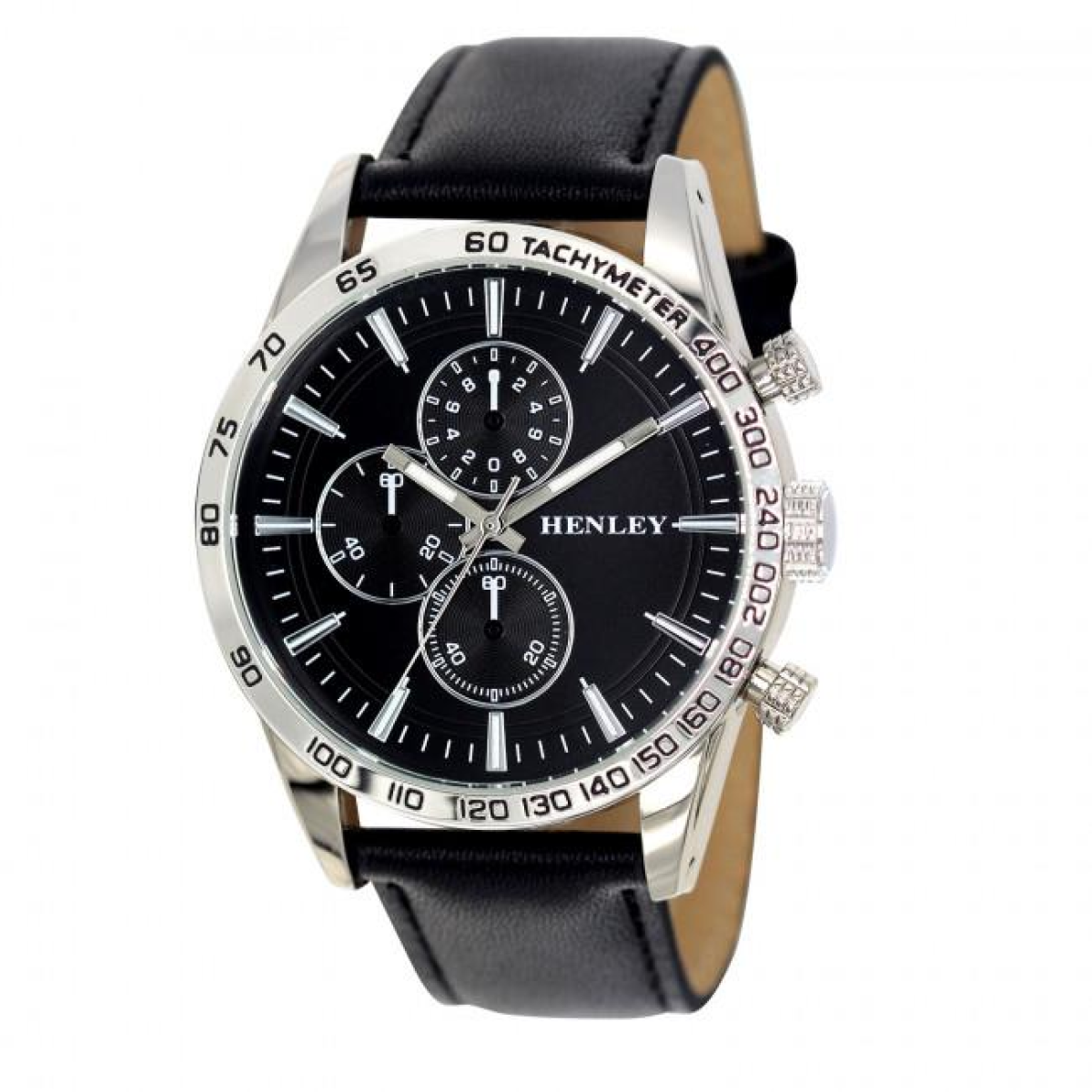 Henley Mens Polished Silver Sports Watch with Faux Leather Strap and Decorative Mini Dials