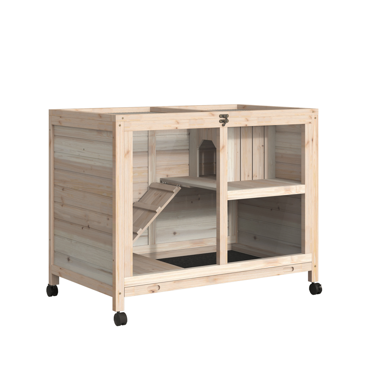 PawHut Indoor Rabbit Hutch for Rabbits, Guinea Pigs and Large Rodents, 2-Tier Wooden Cage with Openable Roof, Large Entrance, Latch Door and Pull-Out Tray, Natural
