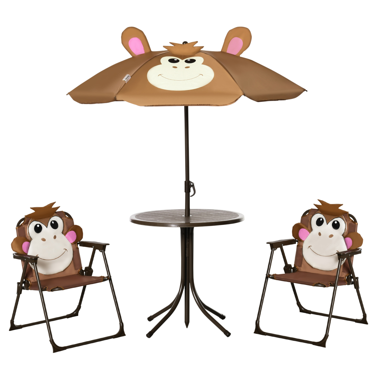 Outsunny Kids Foldable Four-Piece Garden Set with Round Table, 2 Fold-Out Chairs and Adjustable Umbrella, Monkey Design