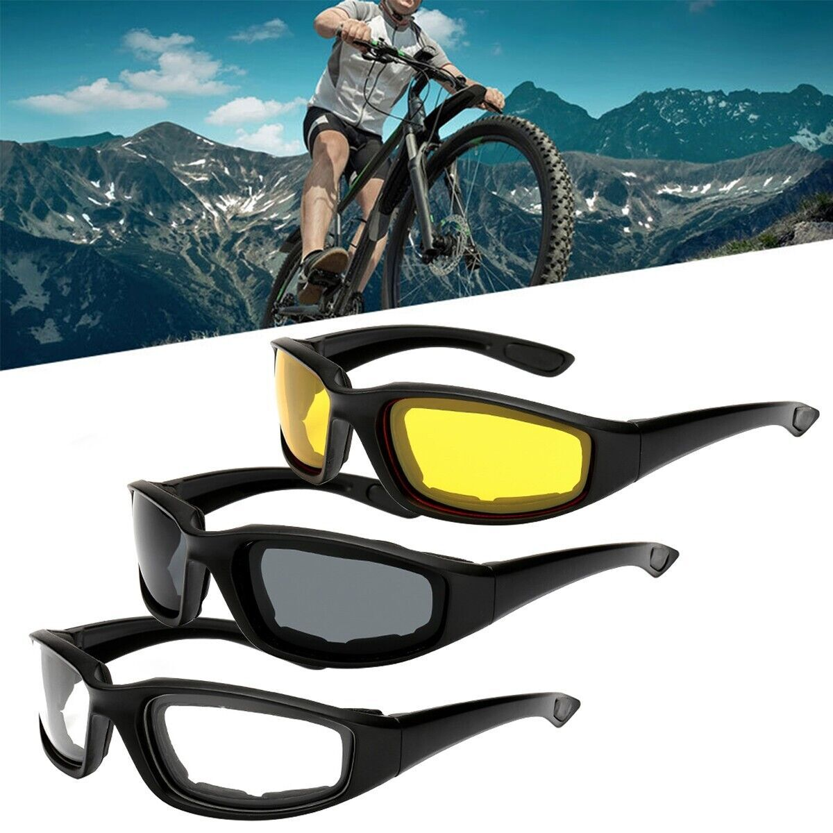 3 Pack Motorcycle Riding Glasses, Wind Resistant Eye Protection, Black Frame, Gray/Clear/Yellow Lenses