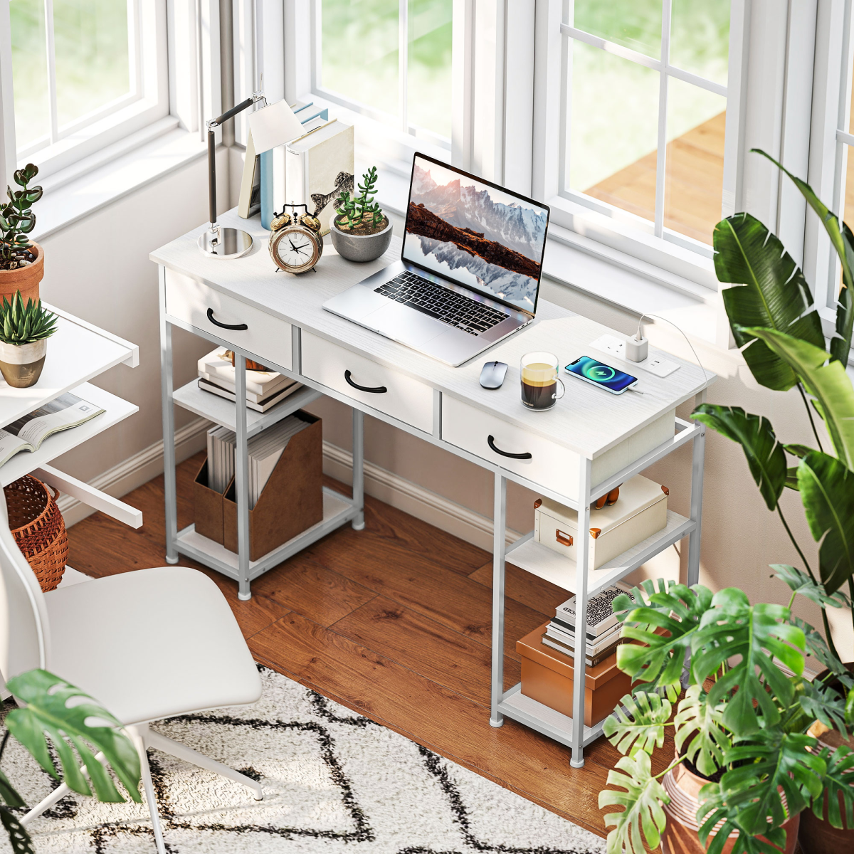 White Computer Desk with Charging Station, 3 Fabric Drawers and 4 Shelves