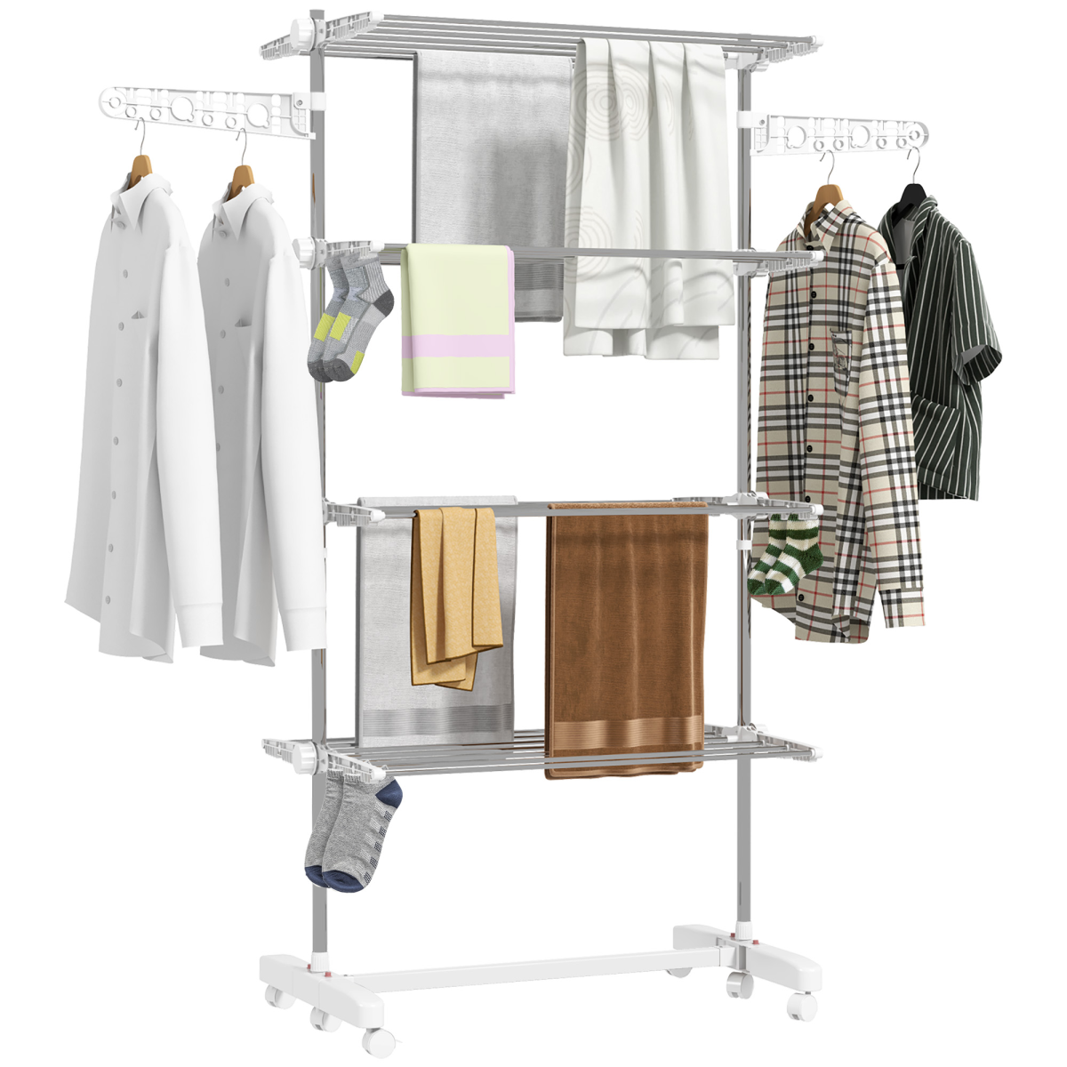 HOMCOM 4-Layer Folding Clothes Hanger Stand with Wheels, Adjustable Height, Foldable Indoor Clothes Rack