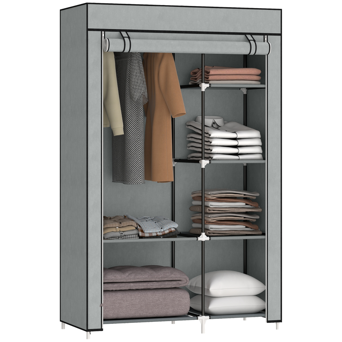 Portable Fabric Wardrobe with 6 Shelves, Hanging Rail, Light Grey
