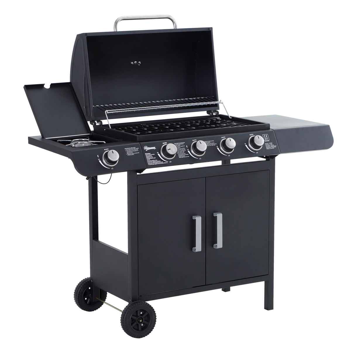 Outsunny 4+1 Gas BBQ Grill with 4 Stainless Steel Burners, Aluminium Side Burner, Lid, Thermometer, Wheels, Steel Black