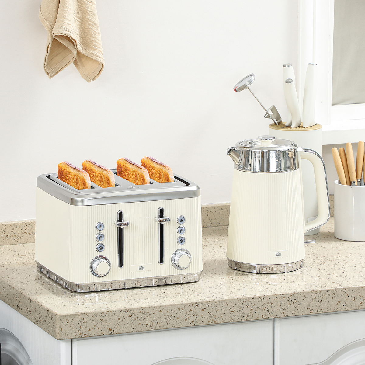 Cream Electric Kettle and 4-Slice Toaster Set