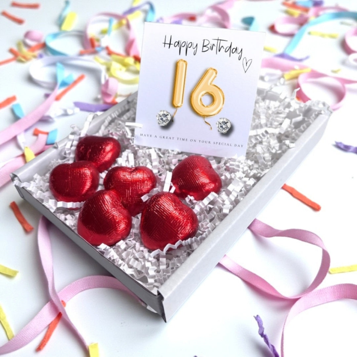 16th Birthday Cubic Zirconia Stud Earrings Gift Hamper with Milk Chocolate Hearts
