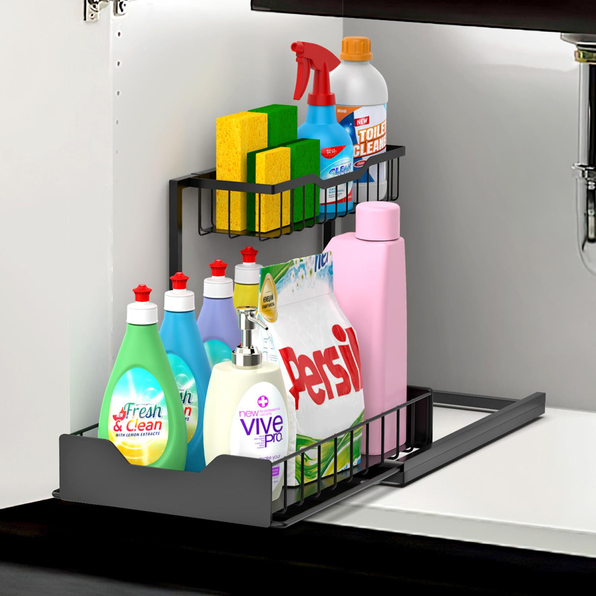 Vinsani Metal Under Sink Storage with Suction Cups for Cabinets, Kitchen and Bathroom Organiser